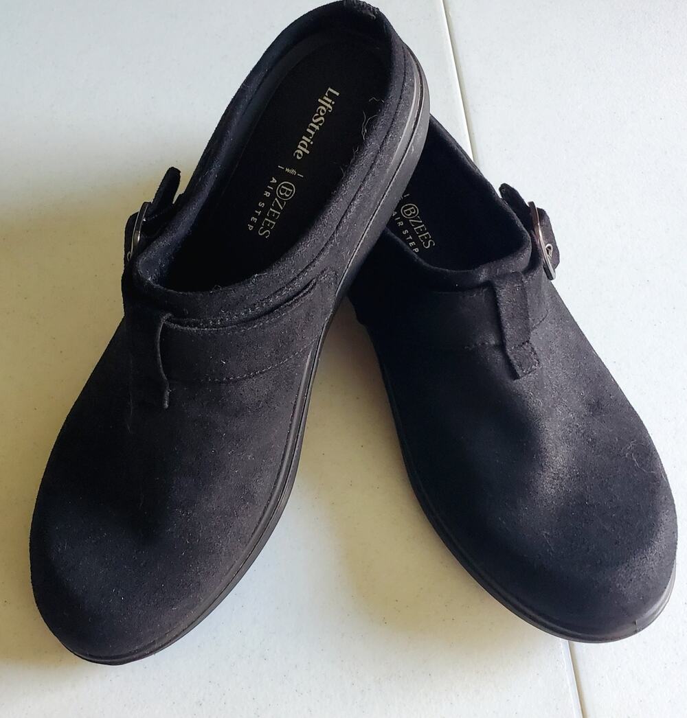 Lifestride Beezs Womens Black Faux Suede Cushioned Slip On Clogs Size 10 Boho